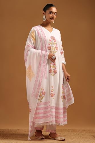 Soch Womens Off White Cotton Floral Print Suit Set With Beads