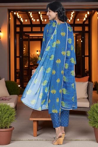W for Woman Tropical Blue Printed Crepe Flared Kurta, Straight Pant and Dupatta Set (Size: 3XL)-WS12920-125885