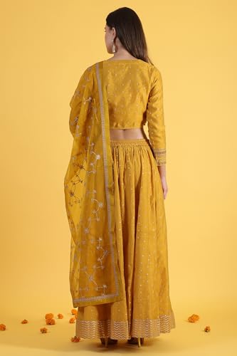 W for Woman Yellow Metallic Embroidery Crop Top & Skirt with Dupatta Set (Size: XL)-24AUWS31123-400772