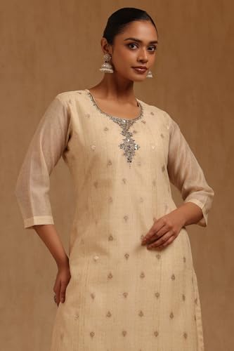 Soch Womens Cream Chanderi Woven Design Kurta Set With Mirror Work