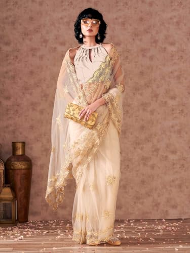 Womanista Women's Net Embroidered Saree (TI6565_Cream)