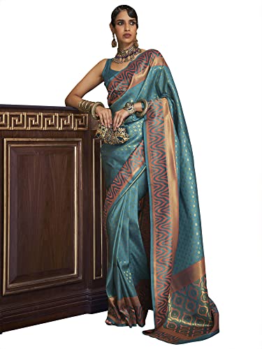 AKHILAM Women's Woven Design Silk Blend Saree With Unstitched Blouse Piece (Turquoise_KAZAH271001)