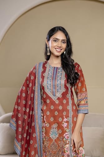 NIVANA Embroidered & Printed Asymmetric Kurta with Palazzo & Printed Dupatta| S | Rust | Paisley & Floral Print | 3 Piece Ethnic Set