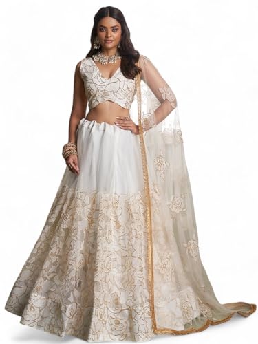 Zeel Clothing Women's Thread Sequins Work Embroidery Soft Net Lehenga Choli with Dupatta (NFH-2209-Off-White-Women-Lehenga-Choli-Latest; Free Size)