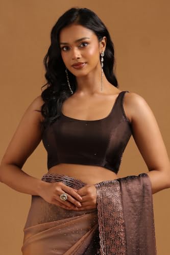 Soch Womens Brown Fendy Organza Ombre Stone Embellished Saree