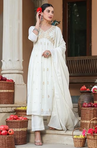 Janasya Women's Off White Pure Cotton Embroidered A-line Kurta Set (JAA25ST02097-S)