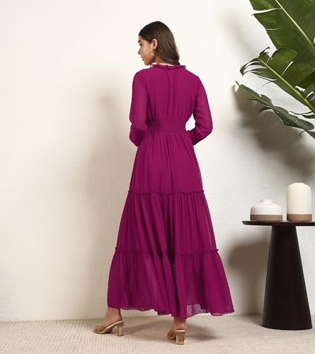 DEEBACO Women's Georgette Dobby Smocking Tiered Maxi Dress|Sleeveless|V-Neck Frill|Casual Trending Fashion Long One Piece Dresses Women Western(DBDR00002281_XL_Magenta)