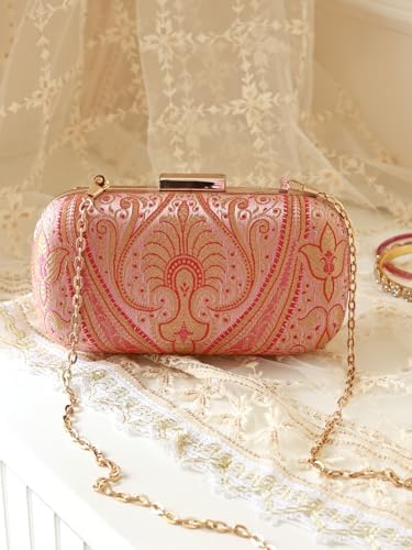 THE TAN CLAN Elora Banarasi Long Clutch Purses Luxury Handbags Bag for Women – Elegant Evening Handbag, Stylish Purse with Magnetic Closure