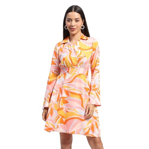Madame Cinch Waist Abstract Print Bell Sleeves Orange Dress