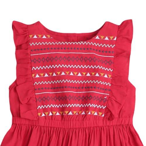 Hopscotch Girls Embroidesleeveless Casual Dress In Red Color For Ages 5-6 Years, Knee-Length