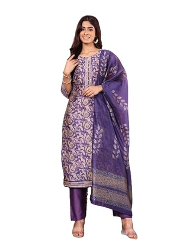 Varanga Women Chanderi silk plum kurta paired with matching bottom and dupatta,offering a graceful and timeless ethnic style.