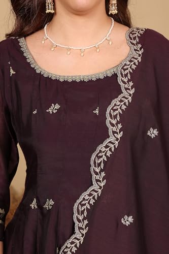 W for Woman Purple Floral Printed Dori Embroidered Chanderi Flared Kurta with Mock Layer and Dupatta Set (Size: XS)-24AUWS11194-124358