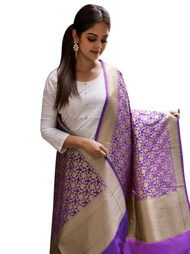 Exotic India Brocaded Banarasi Traditional Semi Katan Silk Dupatta Chunni For Women's and Girls with Zari-Woven Floral All-Over Vine Pattern Stole For All Occasion and Seasons