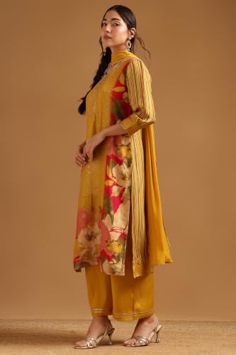 Soch Womens Mustard Dola Silk Botanical Printed Salwar Suit With Beads And Stones