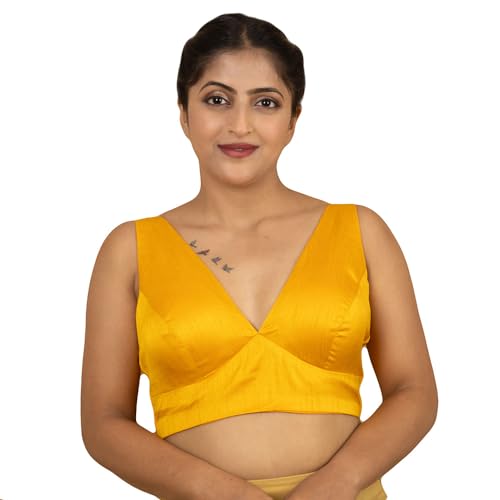 Women's Dupion Raw Silk Sleeveless V Neck Sabyasachi Cut Readymade Saree Blouse Padded Stitched Lining Designer Indian Festive Blouse | S4 (Yellow, 46)