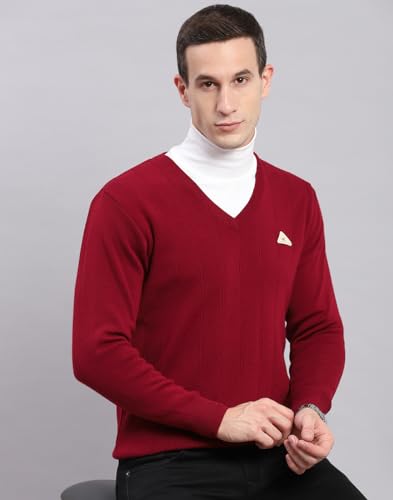 Monte Carlo Maroon Solid V Neck Sweater | Warm Woolen Pullover for Men | Soft Comfortable Knitted Winter Wear Sweater for Men's