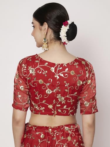 studio rasa Women's Organza Embroidered Readymade Blouse for Festive Wedding Party (TPWC725BL76XL_Red_X-Large)