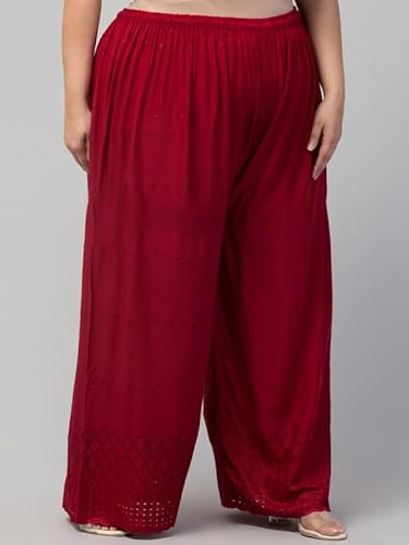 Style Prezone Rayon Flared Maroon Palazzo for Women | High Waist Trousers | Plus Size Loose Fit Bottoms for Ladies & Girls | Plain Pants