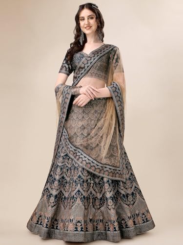SAPTRANGI Women's Embroidered Ready to Wear Lehenga & Blouse with Dupatta (Navy Blue & Beige, XL)