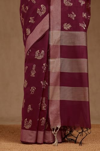 Soch Womens Wine Chanderi Warli Print Saree With Thread Work