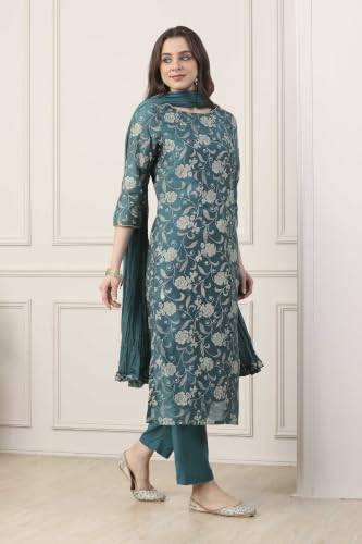 BIBA WOMEN PRINTED NARROW SALWAR KURTA DUPATTA(SKDSKD7053E_PEACOCK GREEN_36)