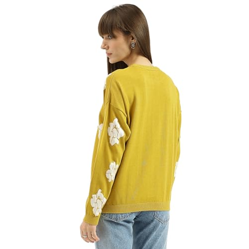 United Colors of Benetton Round Neck Floral Texture Sweater (Size: M)-25A1099W3172I26B Lime