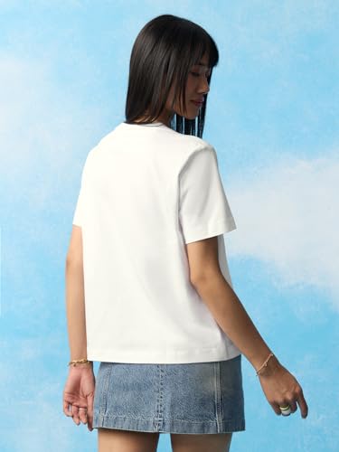 The Souled Store Blah Women and Girls Short Sleeves Round Neck White Embroidered Cotton Relaxed Fit Breathable Lightweight Everyday All-Season Streetwear Comfortable T-Shirt