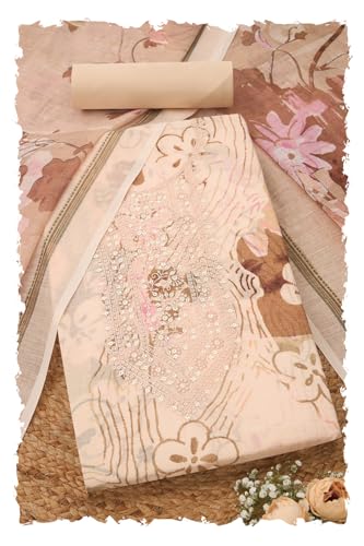 Soch Womens Cream Linen Blend Floral Print Unstitch Dress Material With Sequins