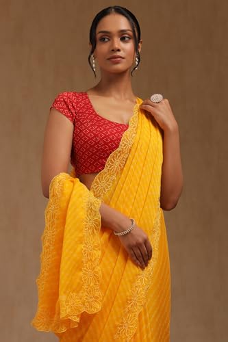 Soch Womens Yellow Georgette Leheriya Print Saree With Thread Work