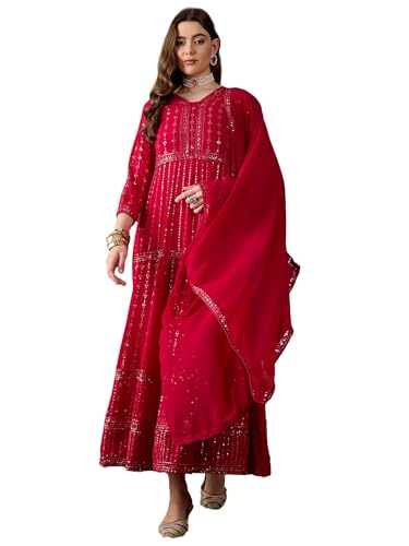 Miss Ethnik Women's Pink Faux Georgette Stitched Top with Unstitched Santoon Bottom and Faux Georgette Dupatta Full Sleeve Embroidered Anarkali Gown (MEY-1106-Pink-XL)
