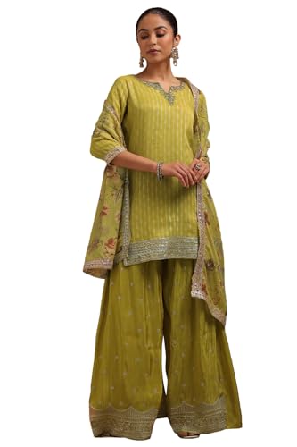 Soch Womens Yellow Tissue Zari Woven Suit Set Sequins