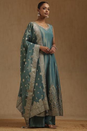 Soch Womens Teal Shimmer Zari Woven Suit Set With Stone Work
