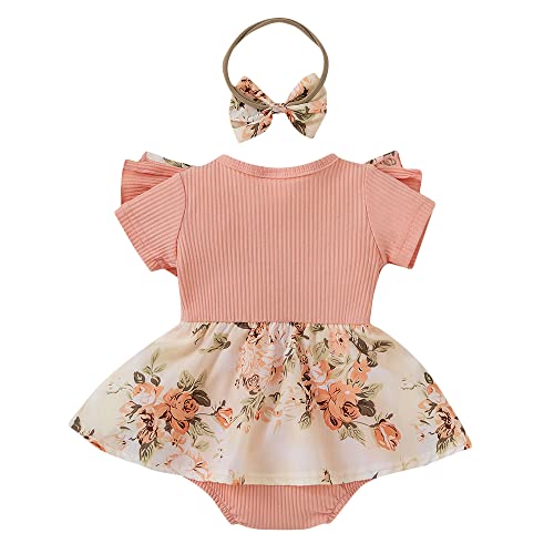 Hopscotch Baby Girls Cotton and Polyester Floral Print Ruffled Bodysuit With Headband in Peach Color For Ages (12-18 Months)
