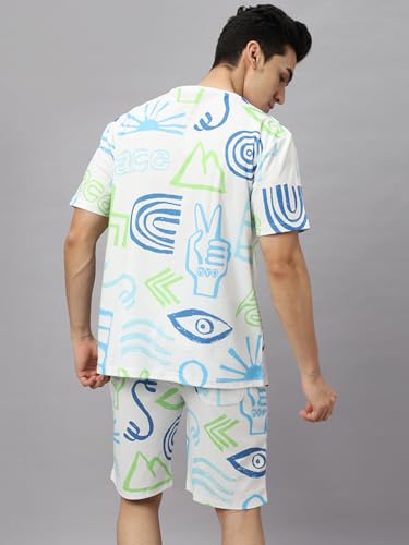 Wear Your Opinion Mens All Over Printed T-Shirt & Short Co-Ord Set (Peace Lifestyle, White, Large)