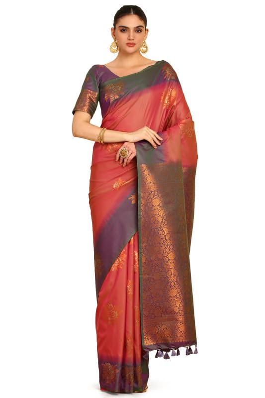 Soch Womens Pink Floral Zari Woven Design Silk Blend Saree With Tassels