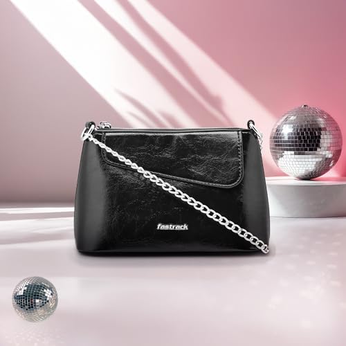 Fastrack MiniBae Sling | Black Faux-Leather Women’s Handbag | Silver Hardware & Spacious Main Compartment