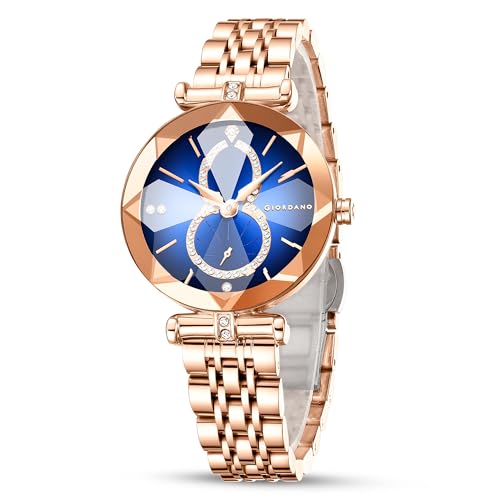 Giordano Luxury Watch for Women – Round Diamond Cut Glass Dial, Elegant Stainless Steel Strap with Quartz Movement