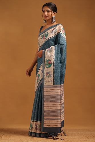 Soch Womens Blue Tussar Botanical Saree
