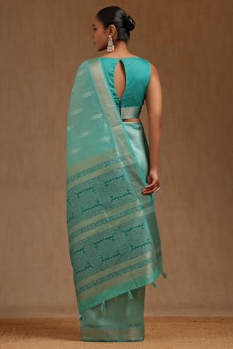 Soch Womens Turquoise Blue Tussar Woven Design Saree
