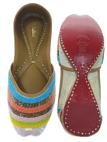 Fulkari Women's Salvia Gold Multicolor Soft Leather Embroidered Jutis | Bite and Pinch Free Jutti | Punjabi Formal Juttis | Girl's Wedding Flat Ladies Mojari | Formal Ethnic Juti | 41