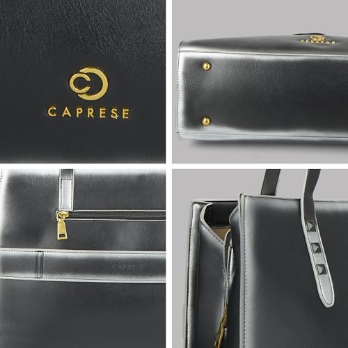 Caprese Dee Large Laptop Compatible Tote Bag for Women with Multi Compartments | Stylish Shoulder Bag with Premium Metal Letter Logo | Perfect for Daily Use Work, Office & Professionals (Black)