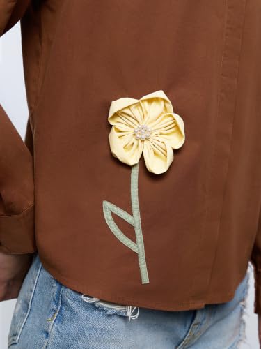 The Souled Store Daisy Women and Girls Full Length Collared Brown Embellished Cotton Relaxed Fit Breathable Shirt for Casual Wear Street Wear