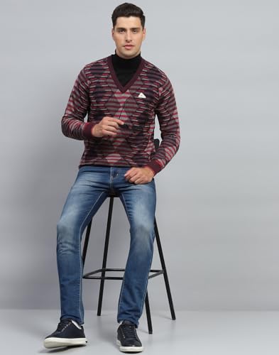 Monte Carlo Mens Striped Wine V Neck Full Sleeve Pullover (1243199VN-2-46)