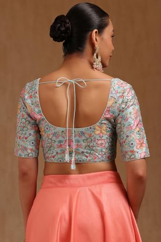 Soch Womens Powder Blue Art Silk Floral Print Padded Blouse with Zari