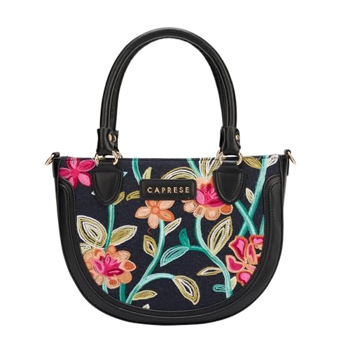 Caprese Elsa Medium Satchel Bag for Women with Adjustable & Detachable Strap | Elegant Embroidery Faux Leather Handbag | Multi-Compartment Crossbody Shoulder Bag for Special Occasions (Black)