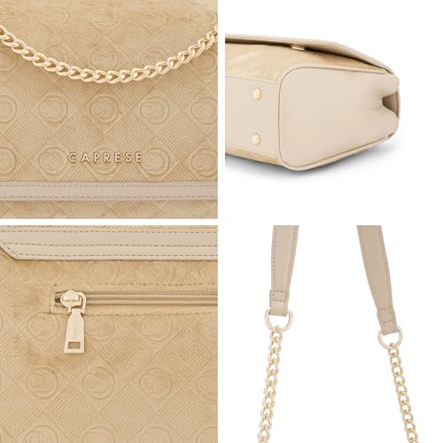 Caprese Katherine Large Monogram Velvet Sling Bag for Women | Premium Multi-Compartment Shoulder Handbag with Adjustable Strap & Zipper Closure | Perfect for Party & Travel (Alpine Oat)