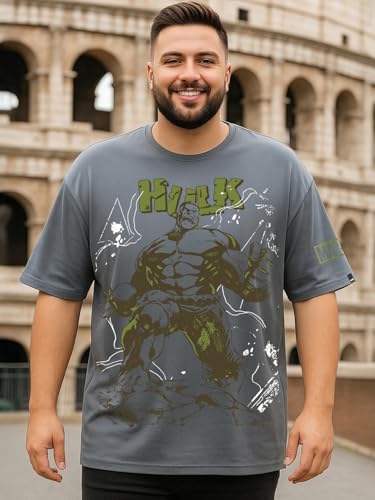 Bewakoof Official Marvel Merchandise Hulk Men's Graphic Print Oversized Fit Half Sleeve Round Neck Cotton Plus Size T-Shirt_694209_Grey_4XL