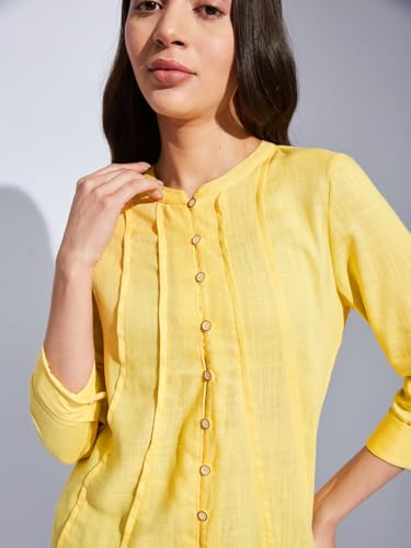 Latin Quarters Women Yellow Mandarin 3/4th Sleeves Solid Shirt Blouse for Casual Wear_S