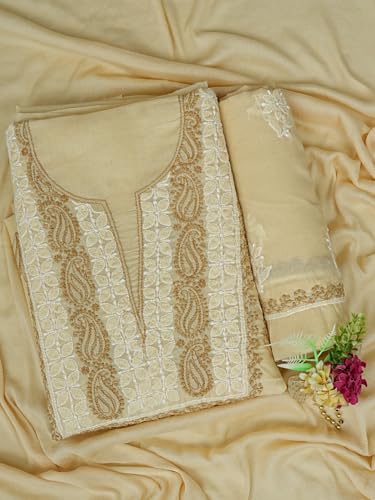 Ada Hand Embroidered Lucknowi Chikankari Unstitched Cotton Dress Material Suit Piece with Dupatta for Women 01A873267 Fawn