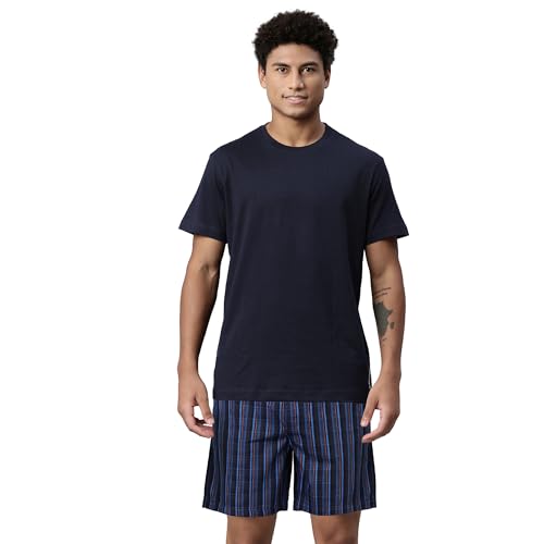Levis' Men's Regular Fit 100% Cotton Round Neck Half Sleeve T Shirt with Checkered Boxer Shorts Set (Navy Blazer/Indigo Night Check, M)
